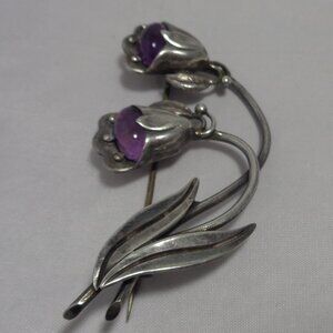 Vintage Taxco Mexico Silver Brooch or Pin Flower Tulip w/ Amethysts